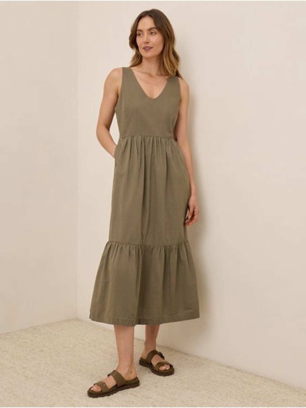 Pact Canopy Khaki Green Linen Blend Easy Tank Midi Dress XXL